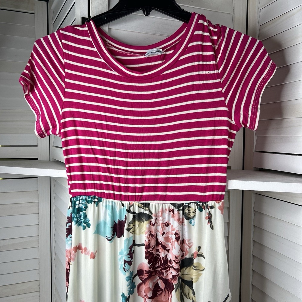 EGS California By Eloges Pink Stripe Floral Maxi Dress Pockets‎ Women's Med USA